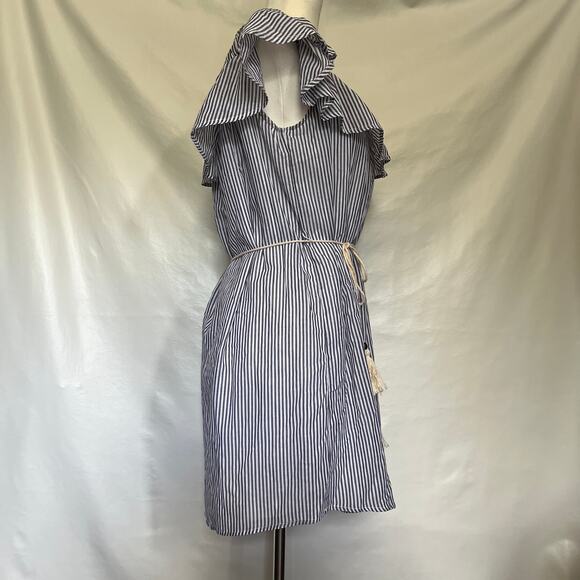 You and I Off Shoulder Dress Womens Sz L Blue Stripe Ruffle Tassel Cottage Core - Picture 5 of 11
